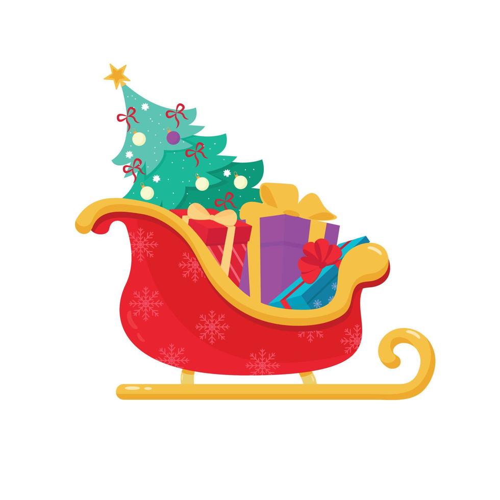 trenó de papai noel com presentes e árvore de natal em fundo branco. ilustração vetorial vetor