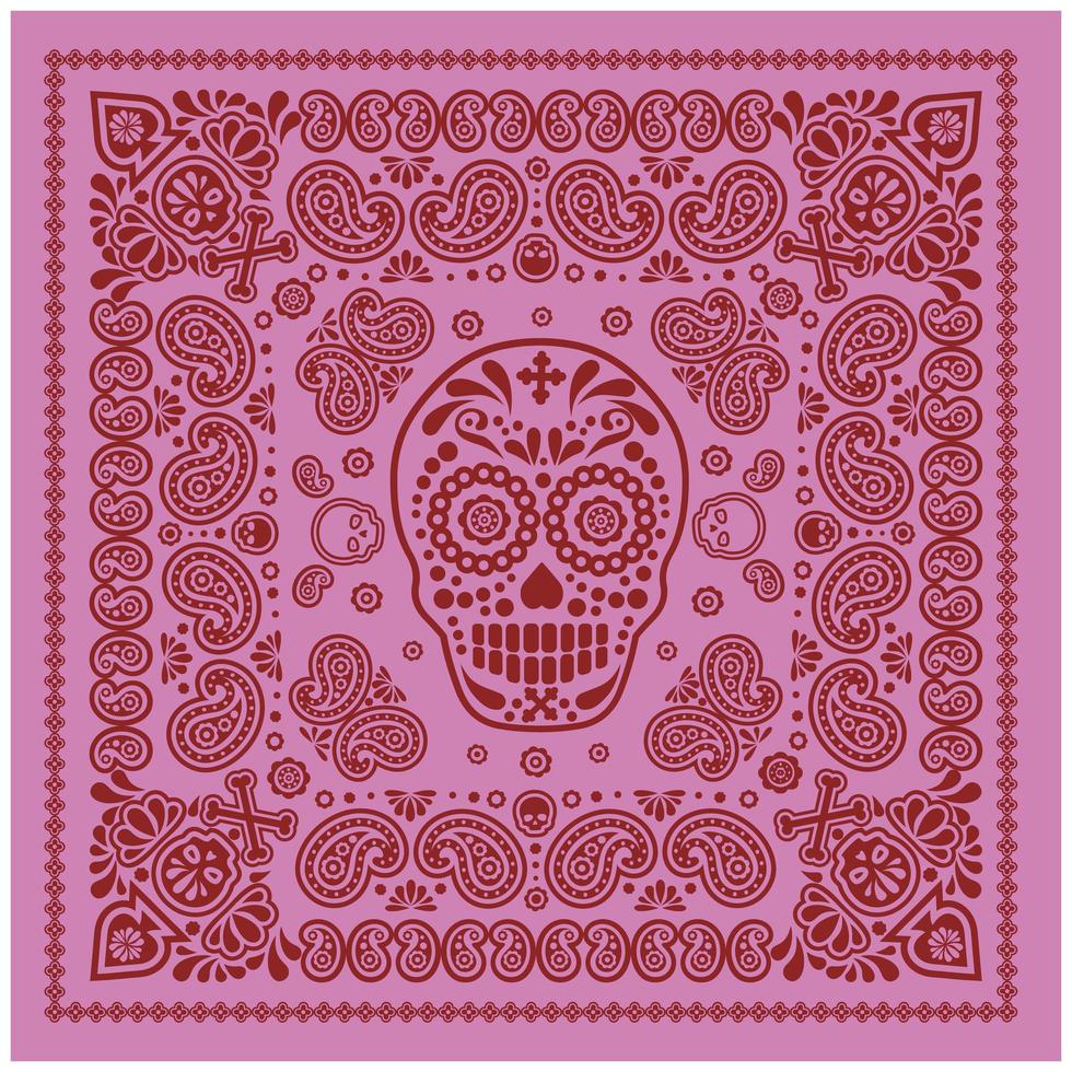 padrão de bandana rosa e vermelho com caveira e paisley vetor