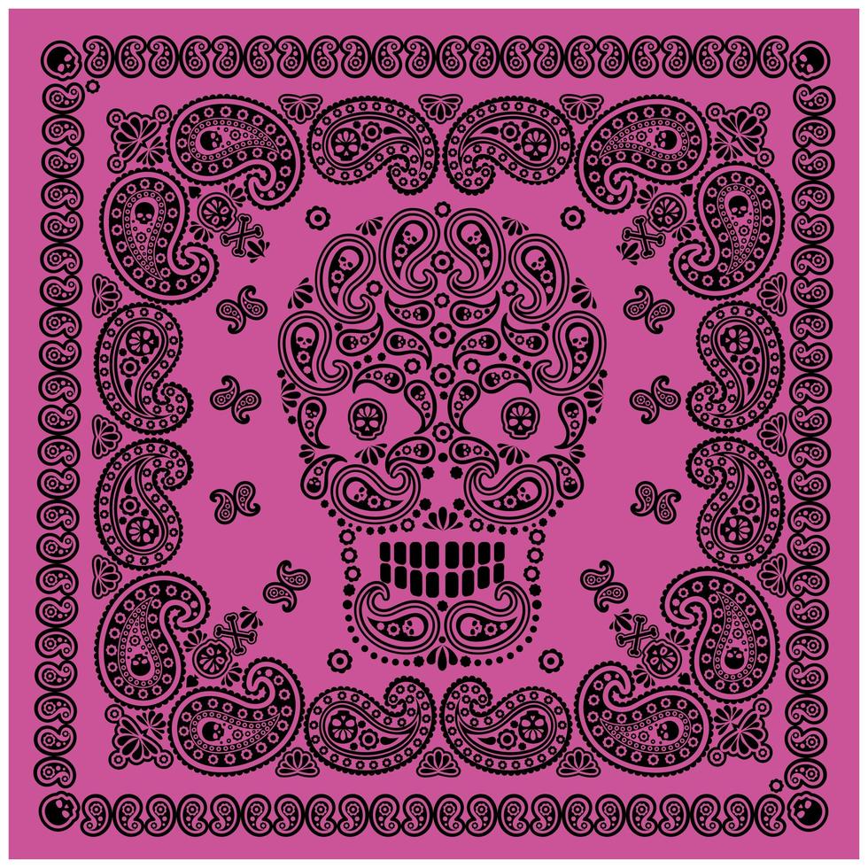 padrão de bandana roxo e preto com caveira e paisley vetor