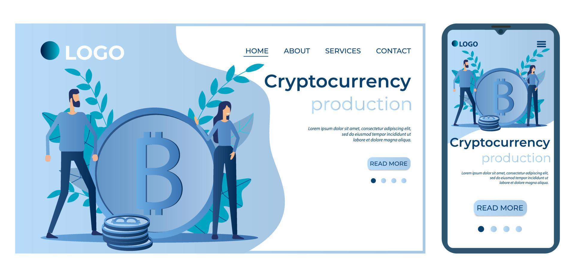 cryptocurrency production.bitcoins, e-wallets.template para a interface do usuário da página inicial do site.landing page template.the design adaptável da ilustração smartphone.vector. vetor