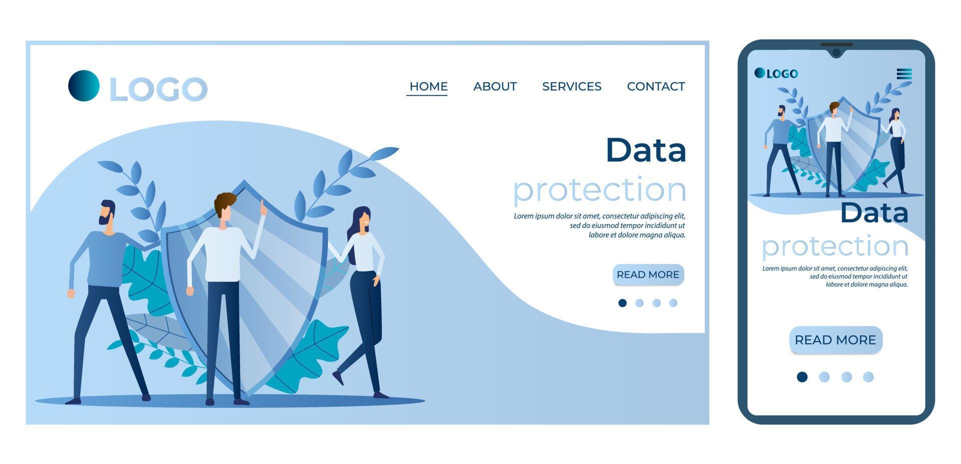 data protection.template para a interface do usuário da página inicial do site.landing page template.the design adaptável da ilustração smartphone.vector. vetor