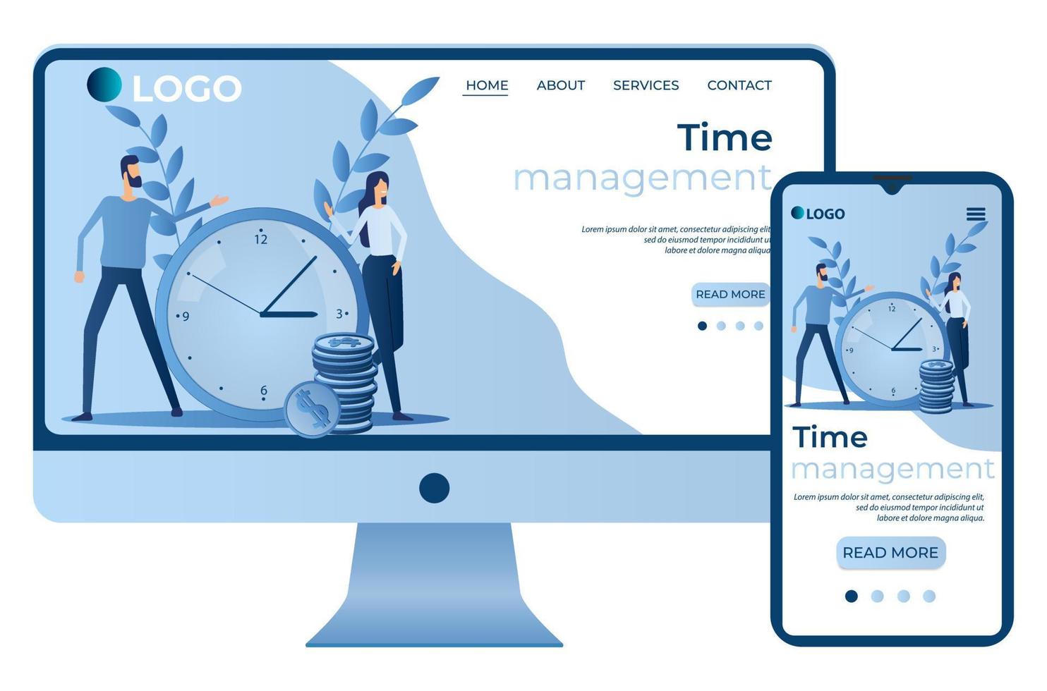 time-management.concept de controle de tempo, processo de negócios.pessoas, dinheiro e relógios como um modelo de symbol.site, landing page concept.the adaptive design.the tela do smartphone e a ilustração computer.vector. vetor