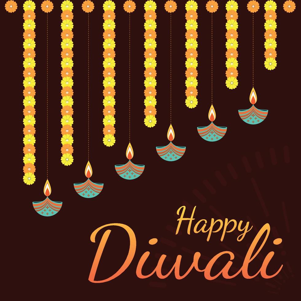 feliz diwali com diya e flores ilustração vetorial premium vetor