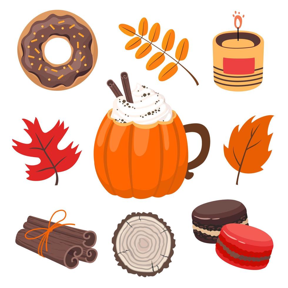 conjunto de elementos de outono - xícara de abóbora, folhas, pá de madeira, rosquinha vitrificada, vela, canela, biscoitos. vetor