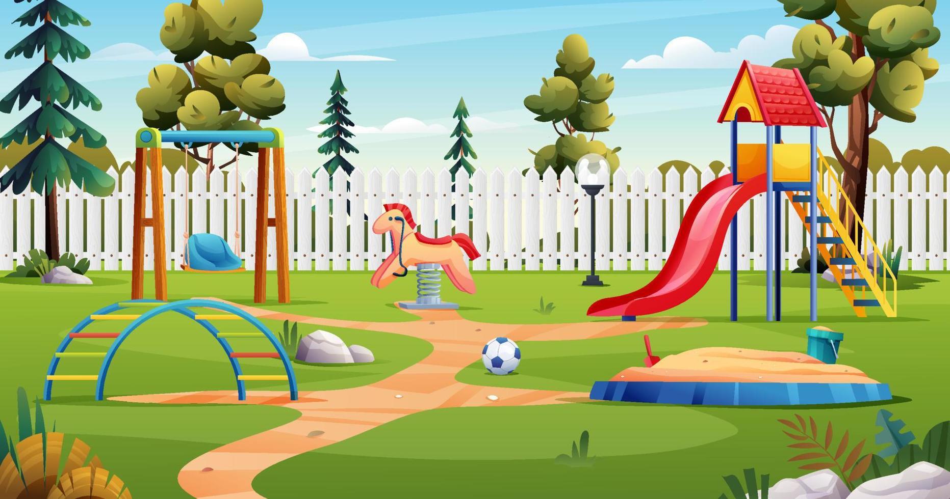 playground infantil com escorregador, balanço, caixa de areia e brinquedos paisagem dos desenhos animados vetor