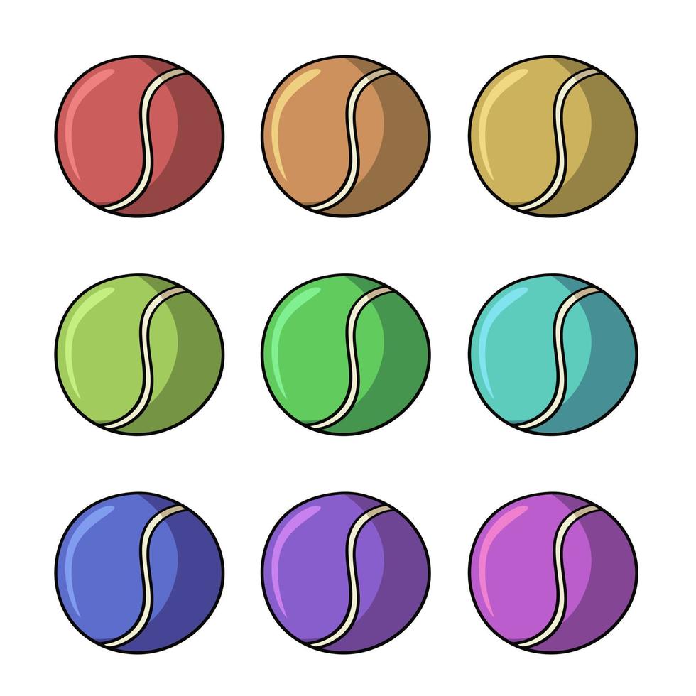 conjunto de ícones coloridos, bola de tênis, bola de borracha redonda para jogar, ilustração vetorial em estilo cartoon vetor