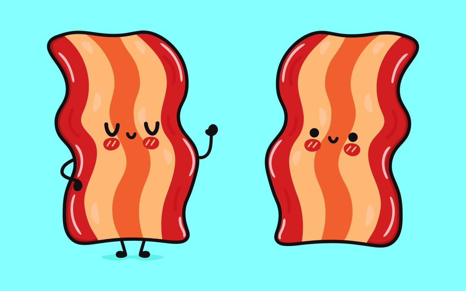 bacon engraçado bonito acenando a mão. vetor mão desenhada ícone de ilustração de personagem kawaii dos desenhos animados. isolado em fundo azul. conceito de personagem de bacon