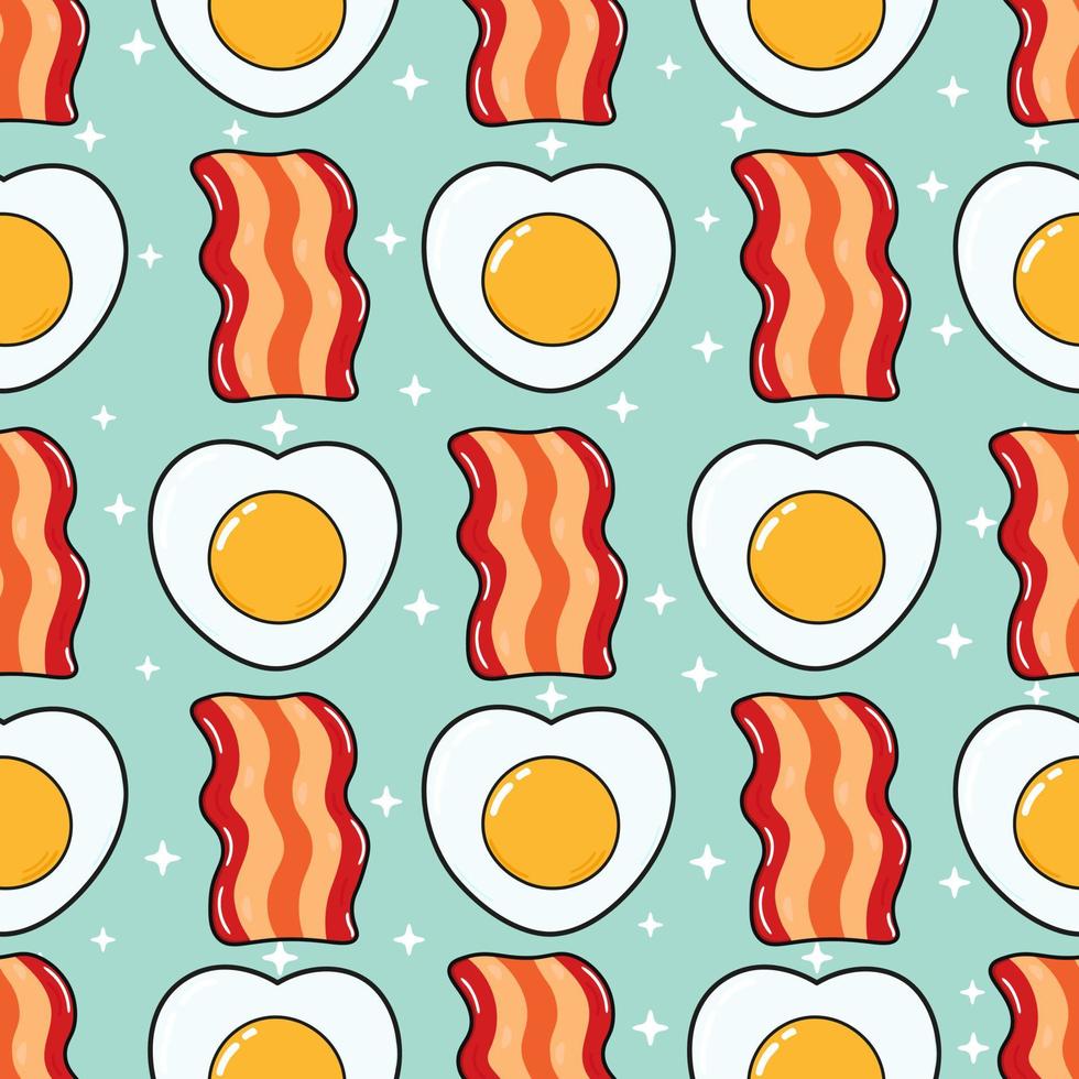 bacon feliz fofo e engraçado e ovos fritos. vector personagens de