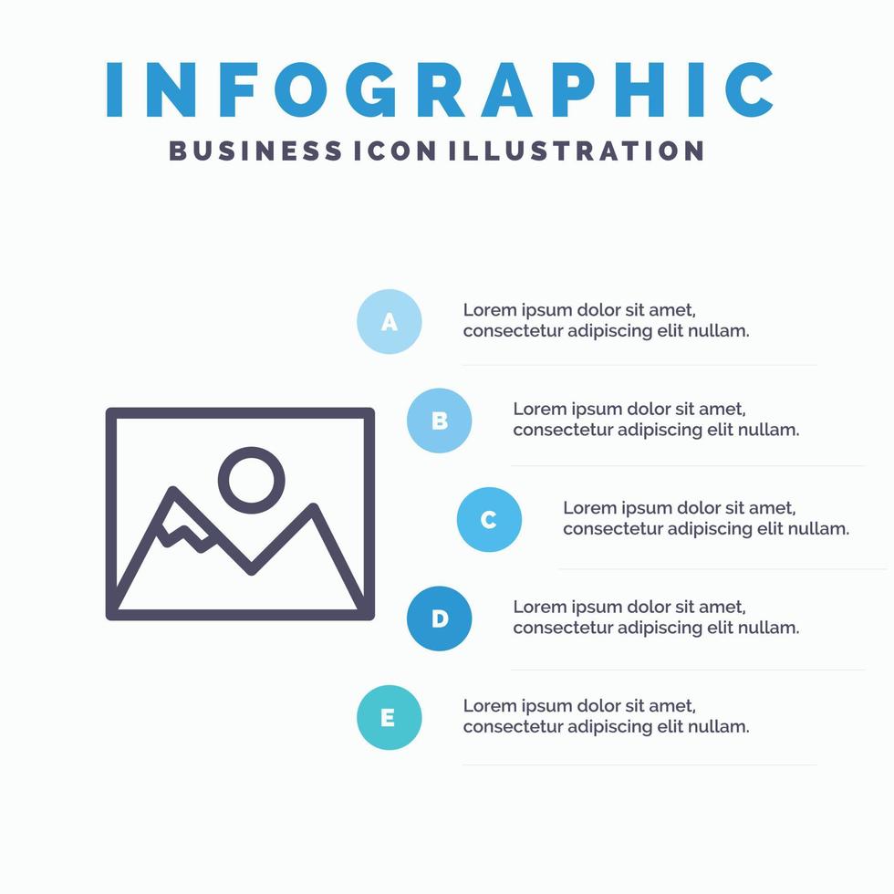 ícone de linha de fotografia de fotógrafo de fotografia de paisagem com fundo de infográficos de apresentação de 5 etapas vetor