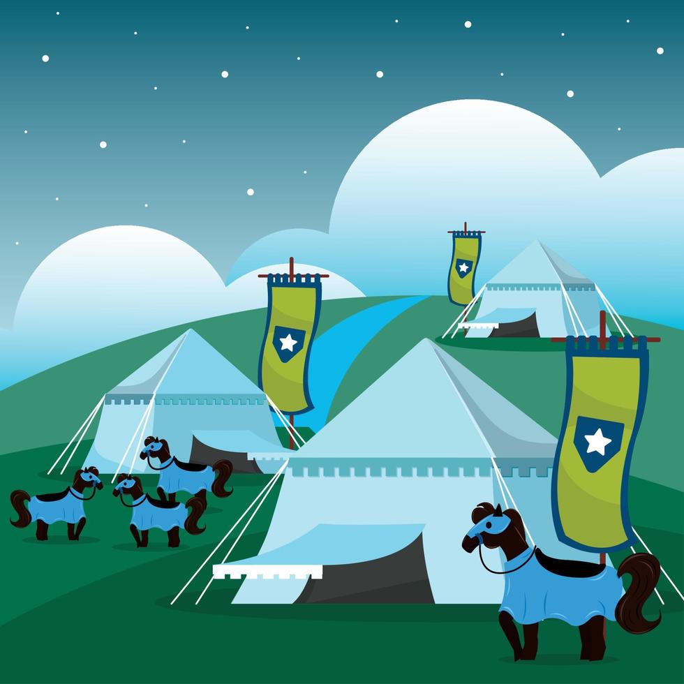 grupo de tendas medievais com ilustração vetorial de paisagem medieval de cavalos vetor