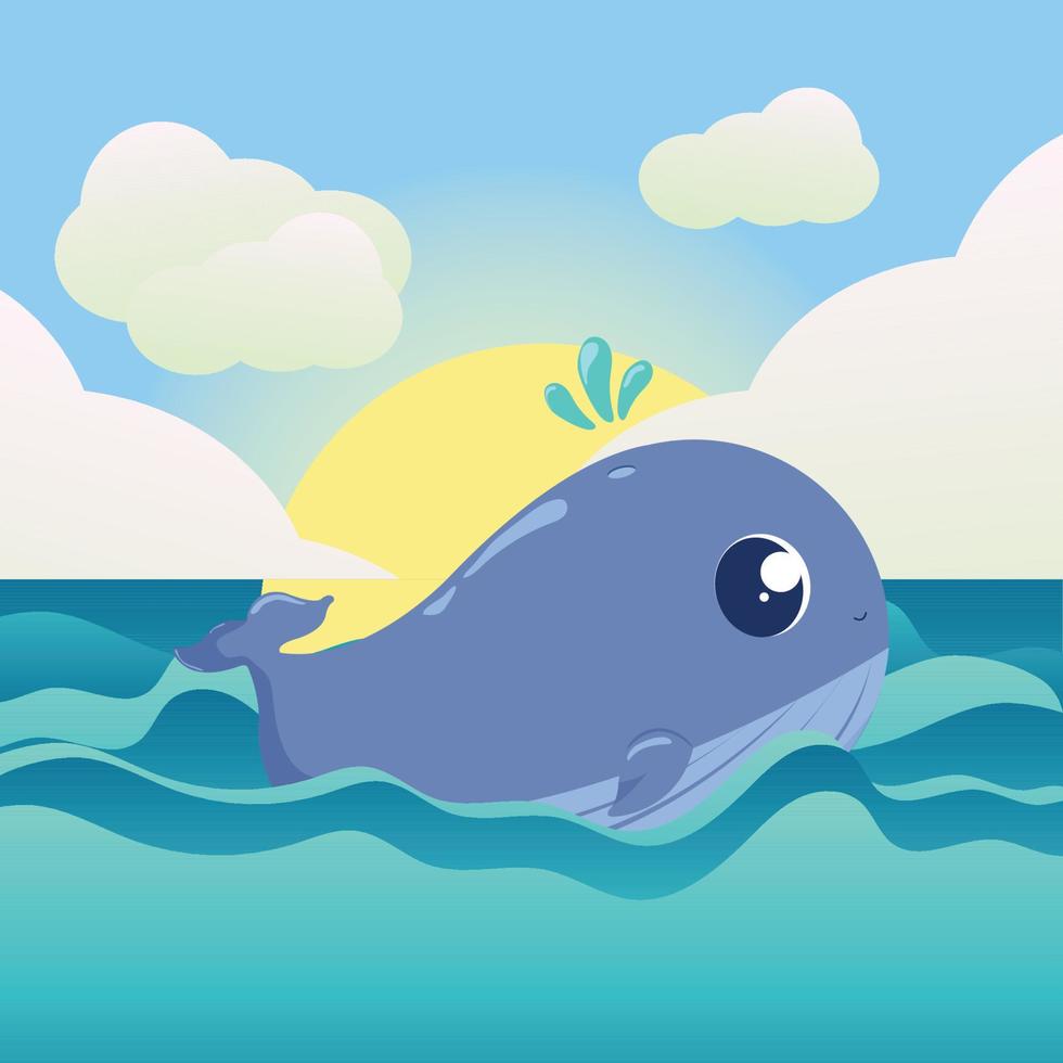 personagem de baleia fofa acima da ilustração vetorial de vida marinha do oceano vetor