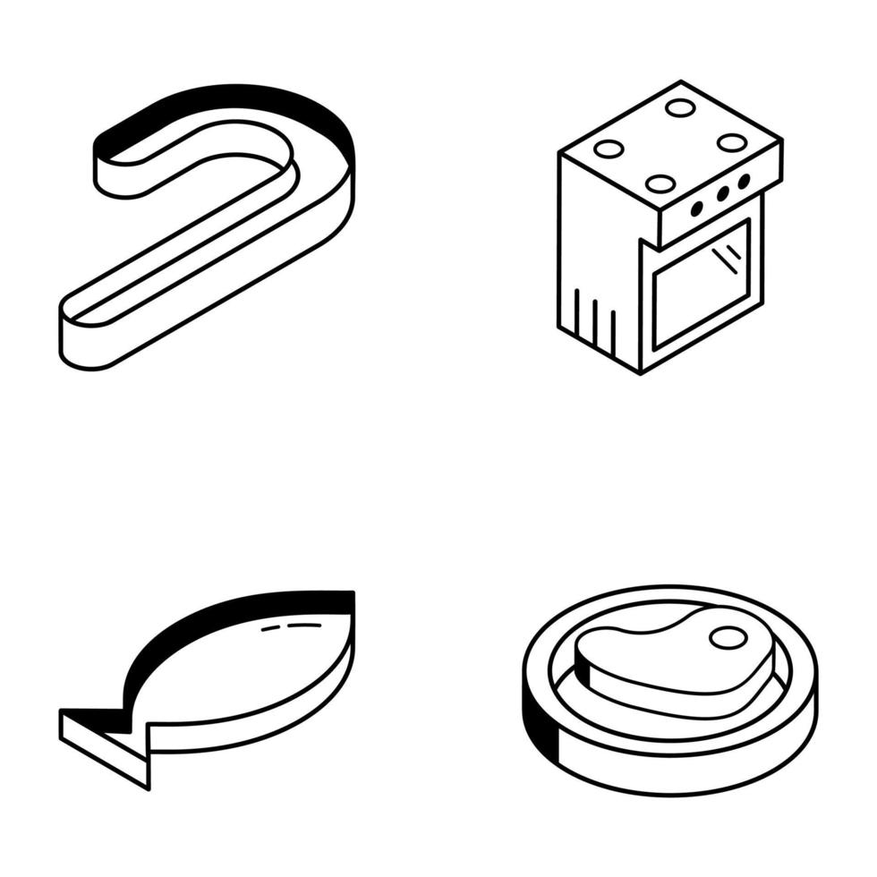ícones isométricos de contorno de alimentos e utensílios de cozinha vetor