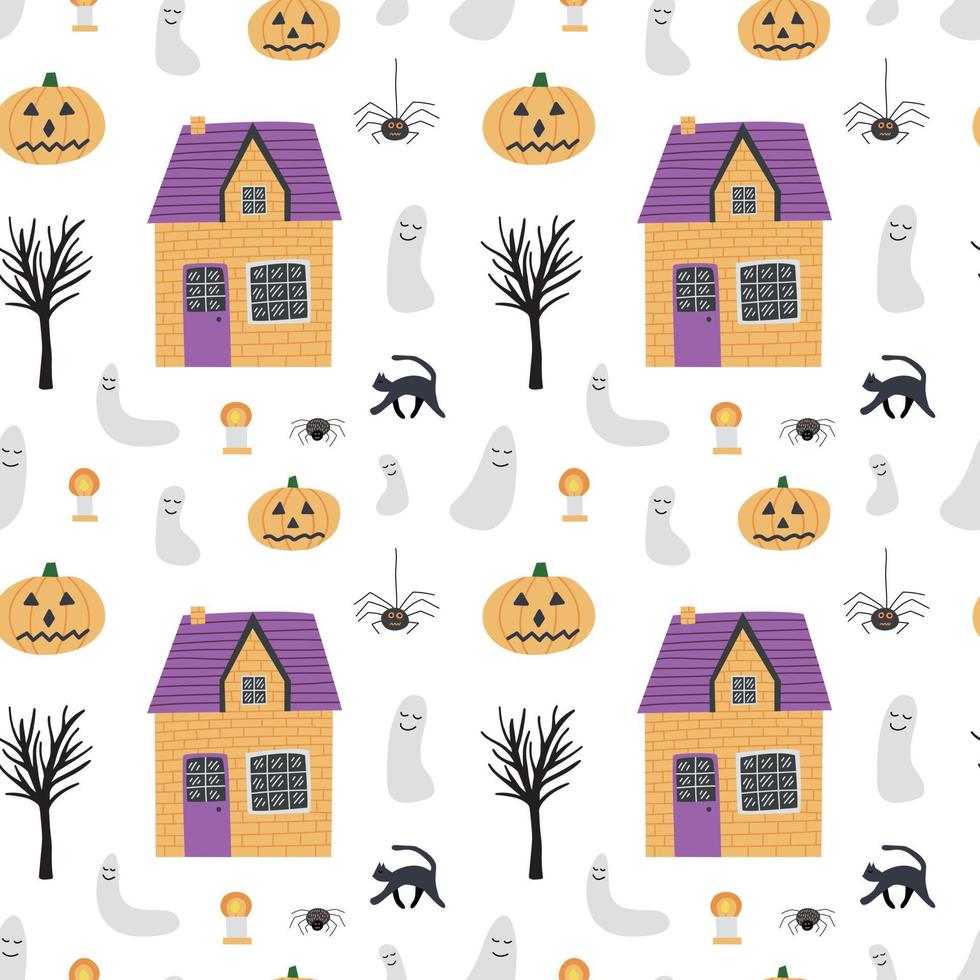 casas de campo bonitas e padrão de halloween fantasma. casas vetoriais, fantasmas, abóboras e gatos sem costura padrão vetor