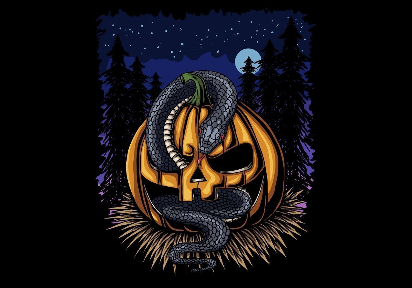 abóbora de halloween e cobra à noite vetor