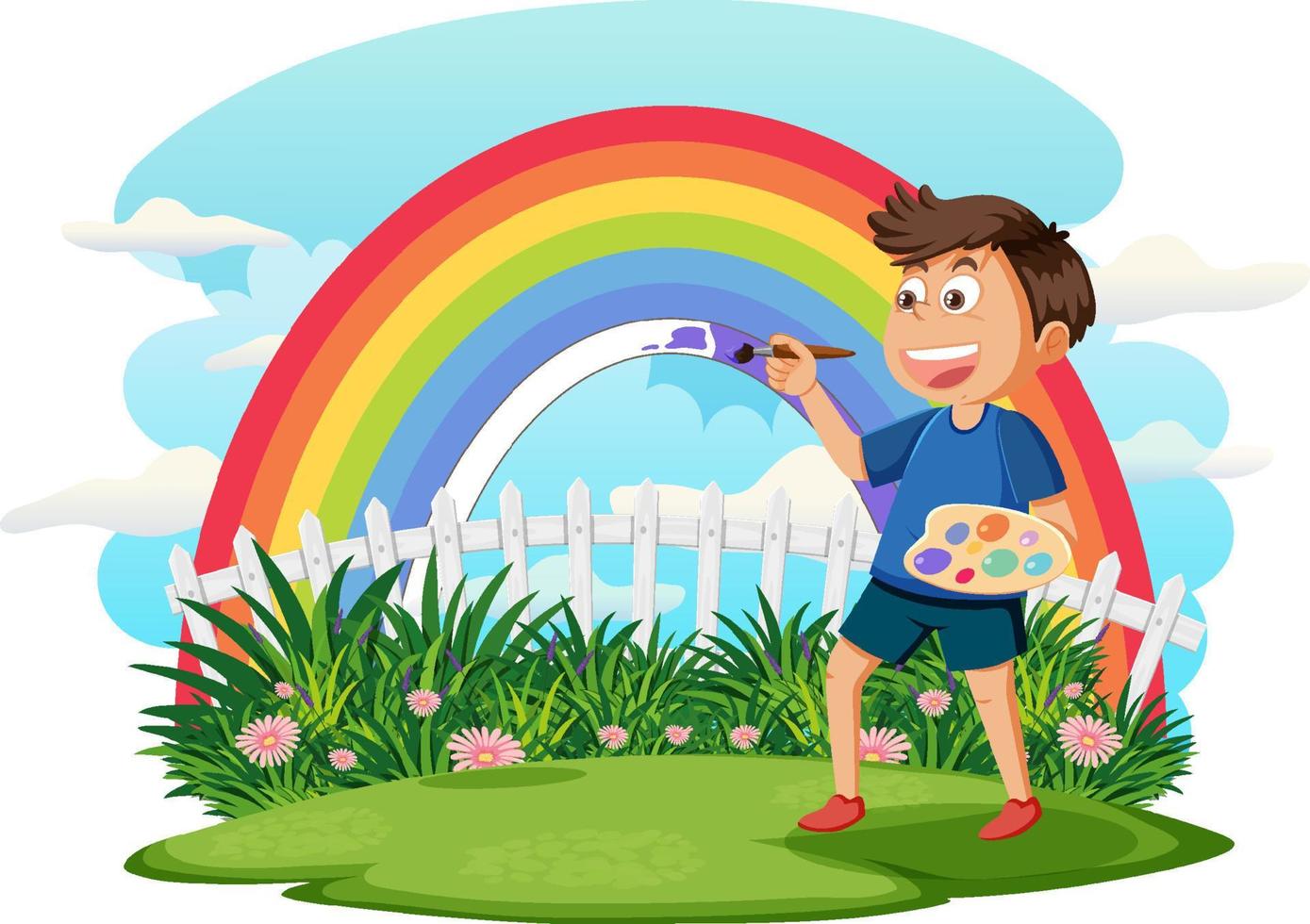 um menino pintando arco-íris vetor