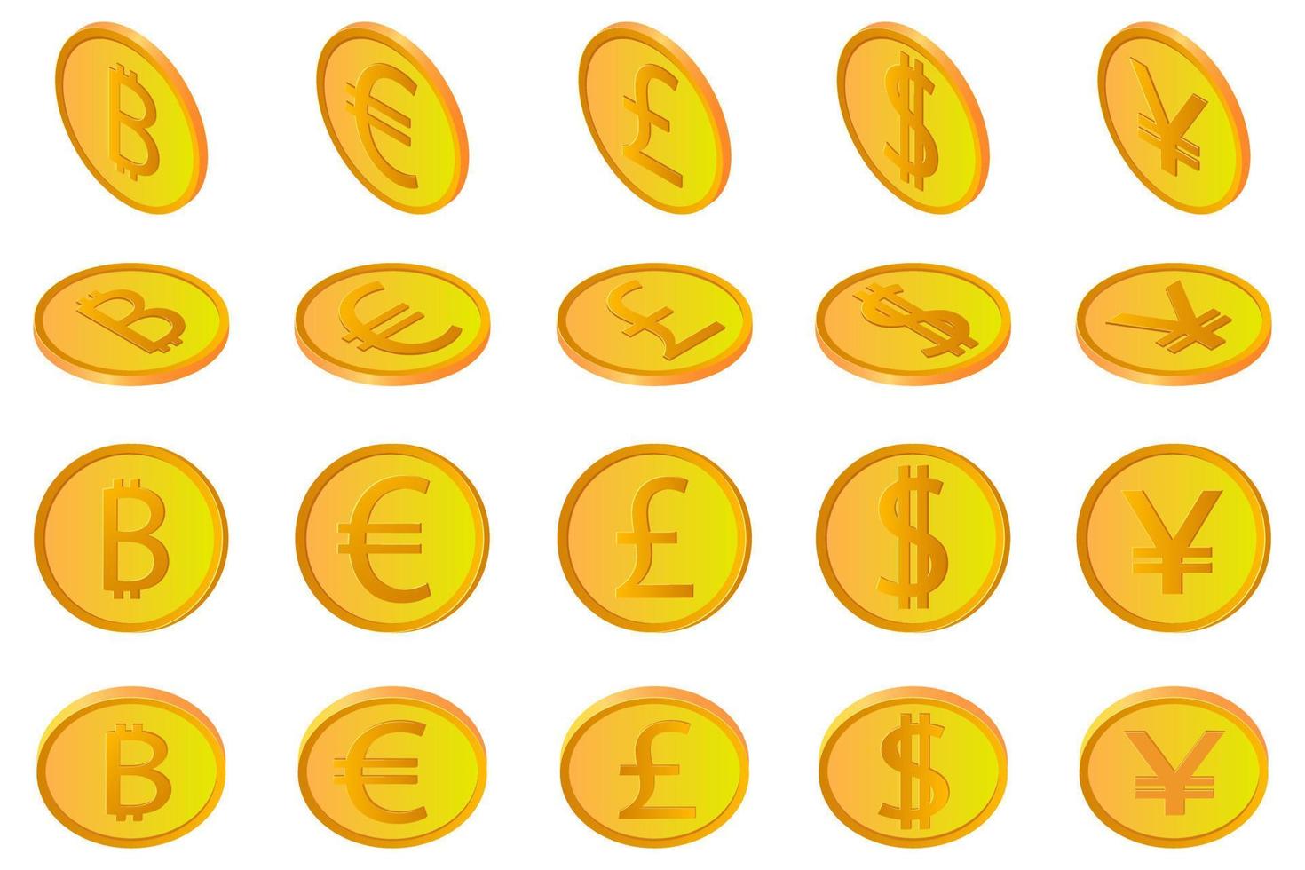 o bitcoin dólar euro libra e yen.a conjunto de moedas de criptomoedas europeias americanas de moedas britânicas e japonesas em diferentes ângulos isolados em um fundo branco. usar como elementos de design. vetor