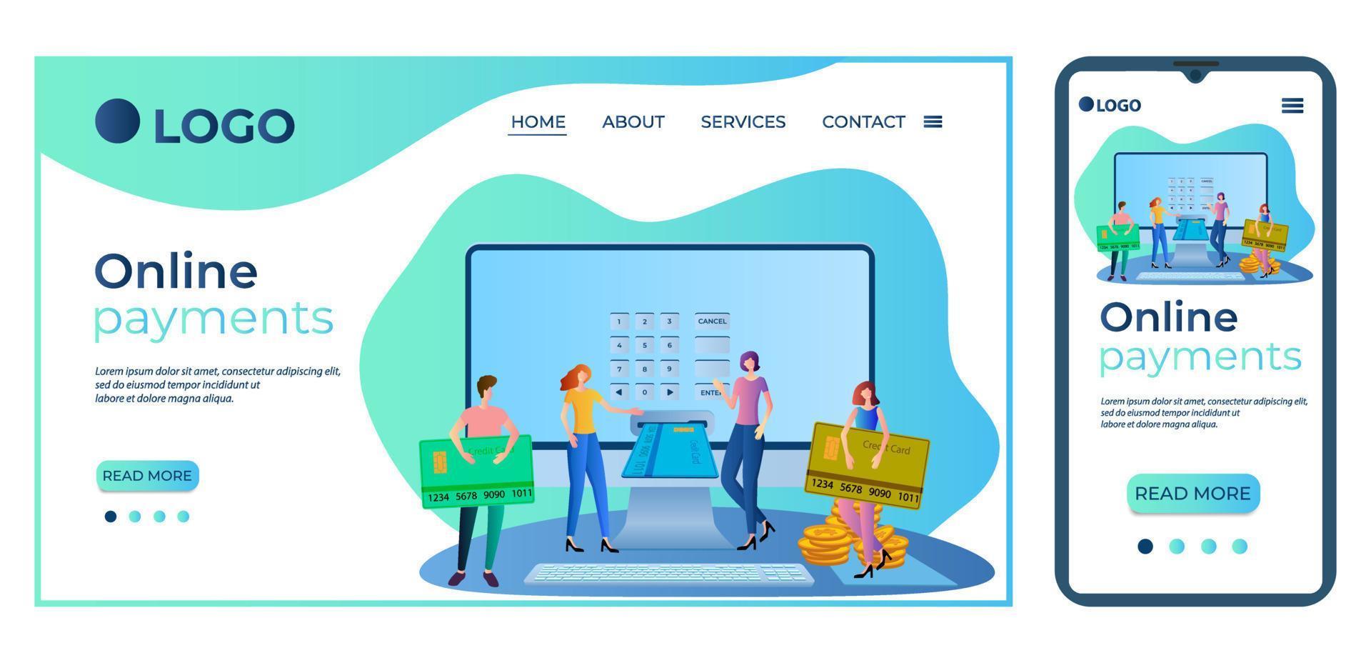 pagamentos online.pessoas com cartões de crédito no fundo de um computador com um terminal.o conceito de transferências rápidas de dinheiro.modelo para páginas de destino e adaptações para smartphones.vetor plano vetor