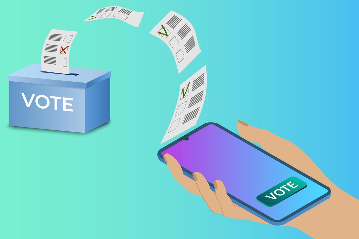 votação online. uma pessoa vota usando um aplicativo em sua ilustração vetorial isométrica do conceito de votação smartphone.electronic. vetor