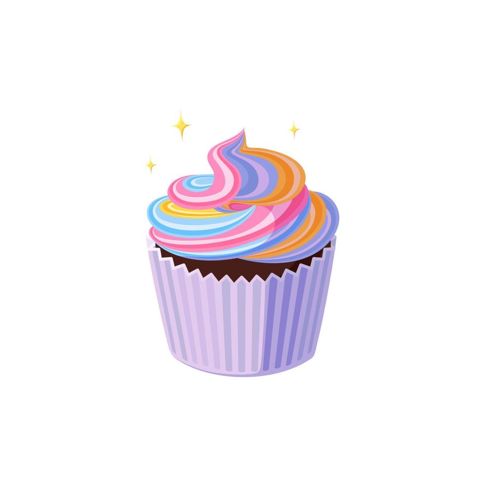cupcake com creme rodado. saborosa sobremesa de aniversário com glacê de arco-íris rosa, amarelo e azul. ilustração vetorial vetor