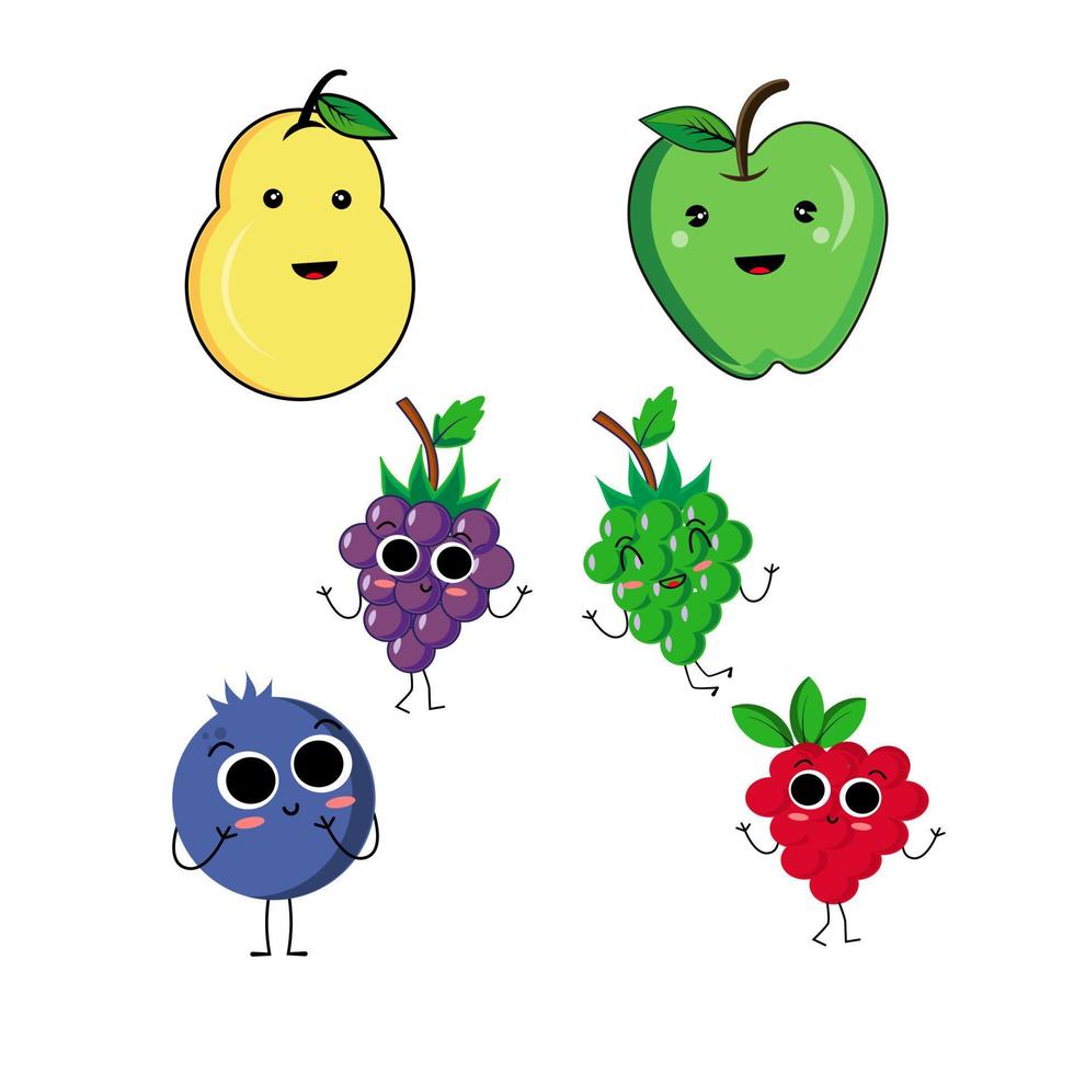 coleção de frutas de desenho vetorial fofo. conjunto de personagens de frutas dos desenhos animados, uvas, framboesa, maçã, pêra e uvas vetor