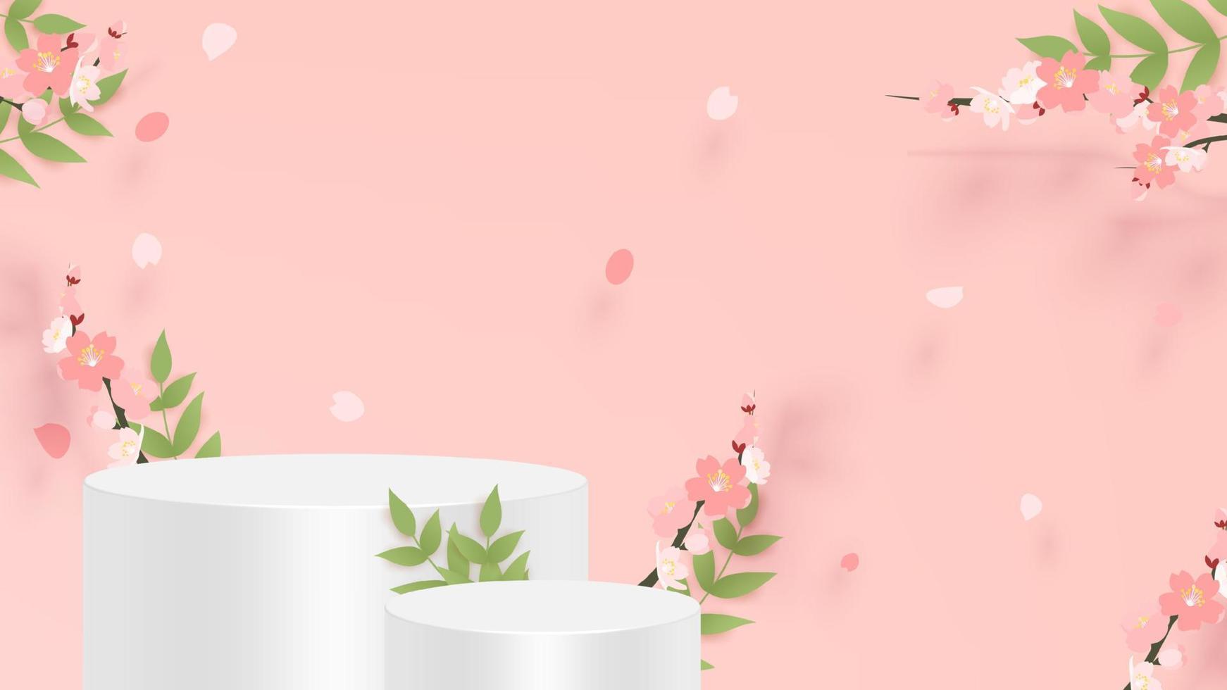 cena mínima abstrata com formas geométricas. pódio de cilindro em fundo rosa com flor de sakura rosa. apresentação do produto, maquete, produto do show, pódio, pedestal ou plataforma de palco. vetor 3D
