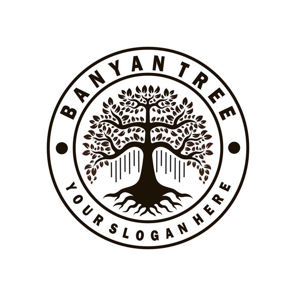 modelo de design de logotipo de árvore banyan. logotipo de estilo de carimbo de círculo. vetor de ilustração de árvore