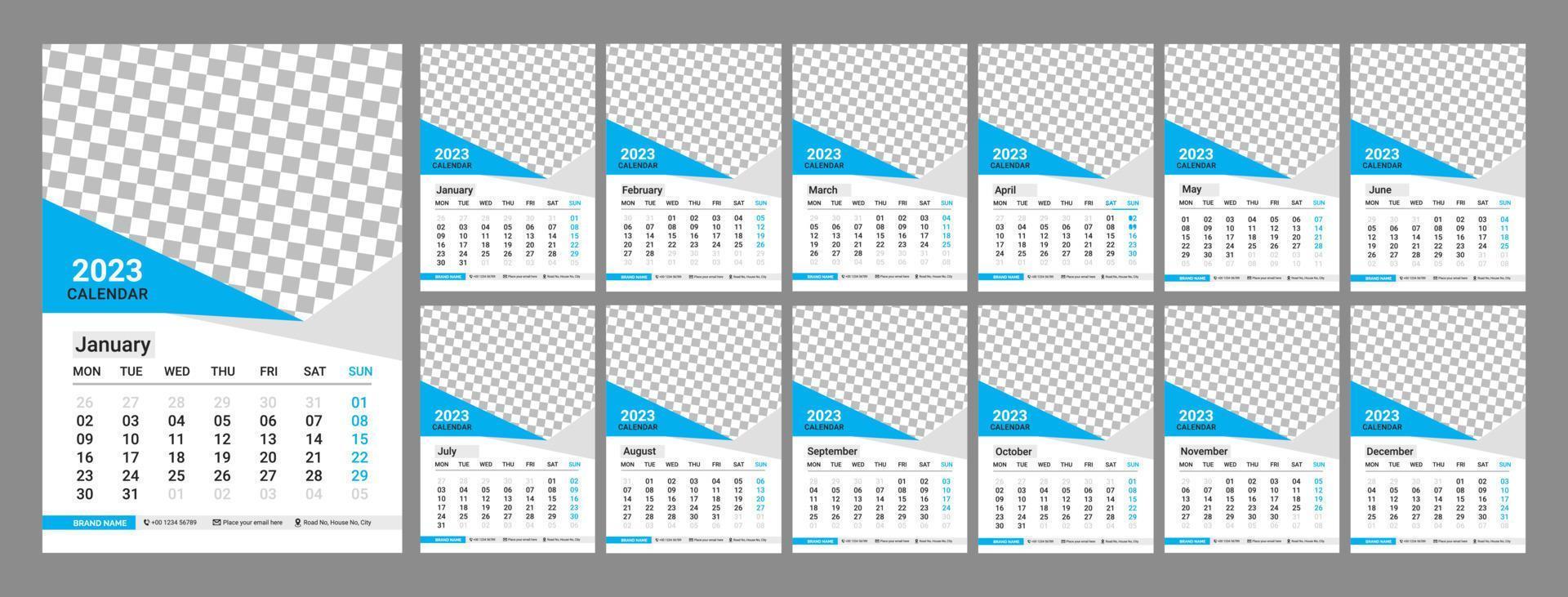 calendário de parede desing 2023. calendário mensal 2023. 12 meses. modelo de página de calendário editável vetor