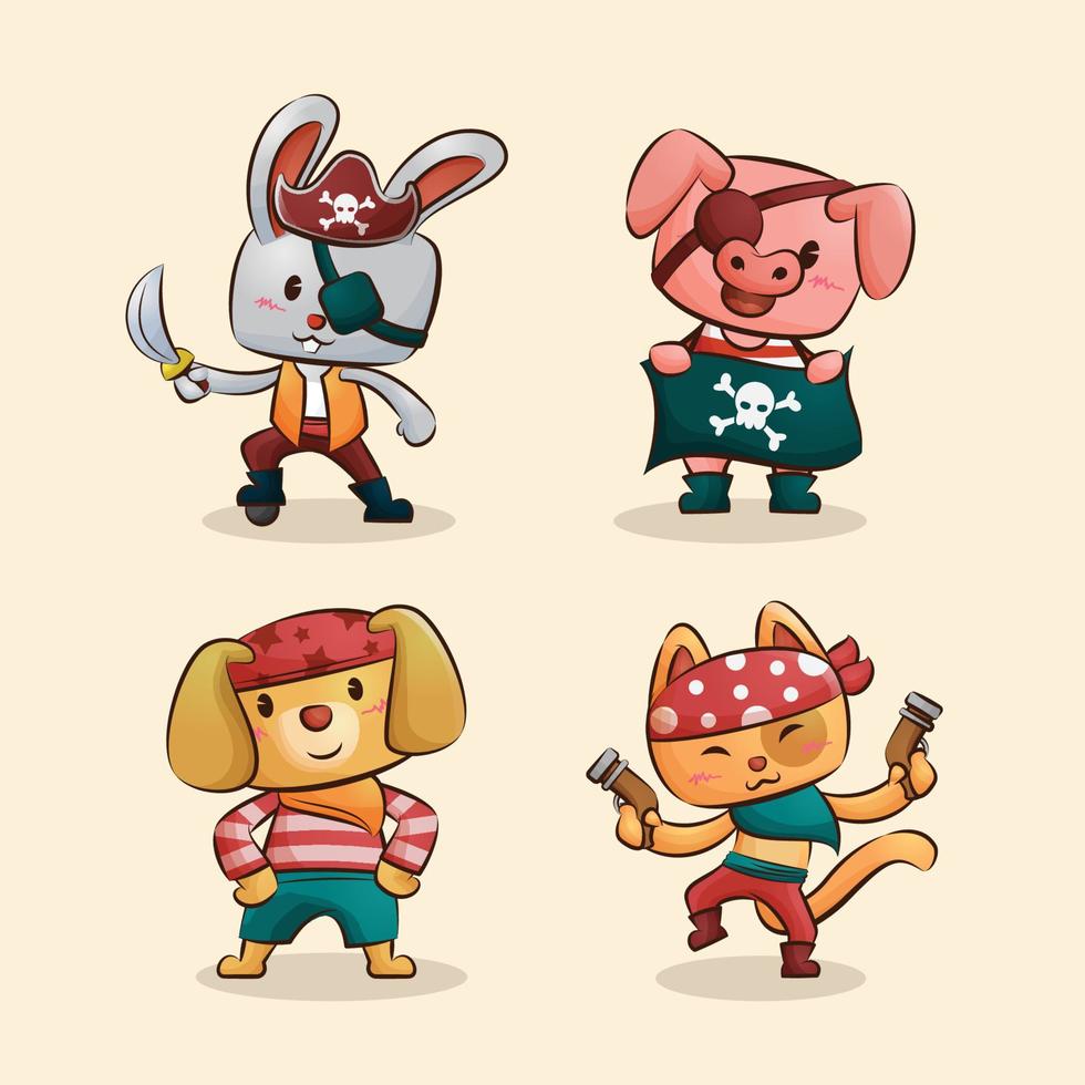 personagens de desenhos animados de animais piratas coelho porco cachorro gato conjunto de ilustrações fofas vetor