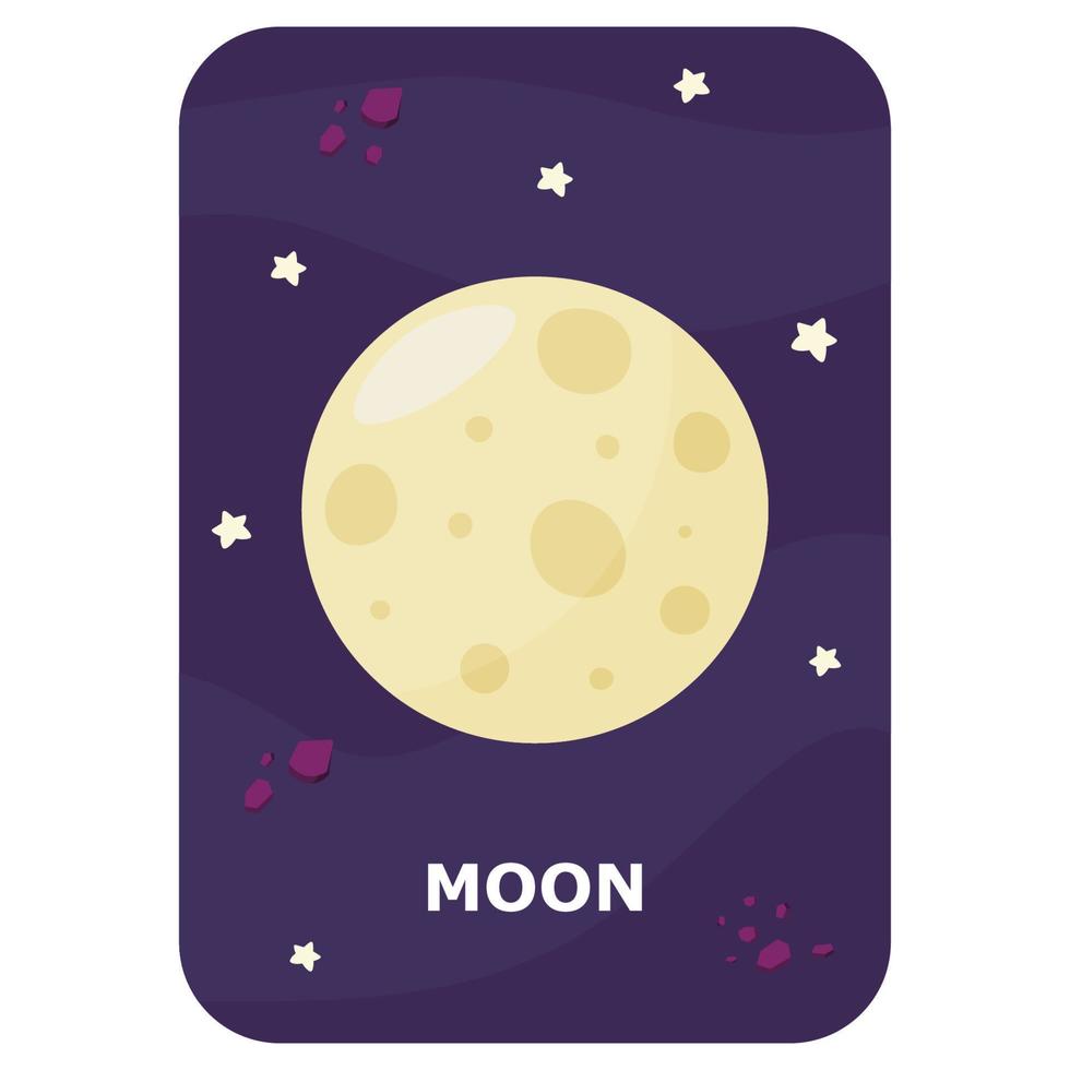 lua. cartão flash de espaço vetorial. jogo de idioma inglês com astronauta fofo, foguete, planeta, cometa, alienígena para crianças. flashcards de astronomia com personagens engraçados. planilha educacional imprimível simples. vetor