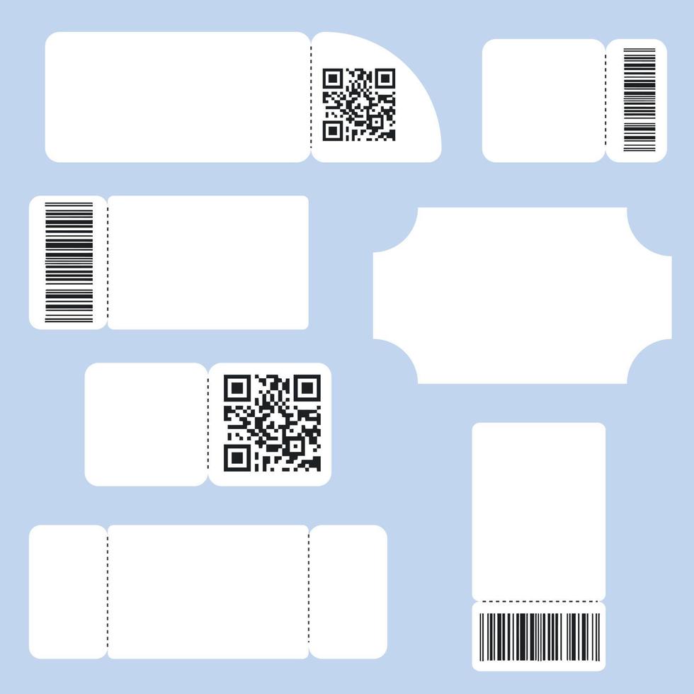 conjunto de bilhetes em branco. layout de bilhete branco para concerto, assentos, loteria, filme e cupom com código de barras e codificador qr. vetor