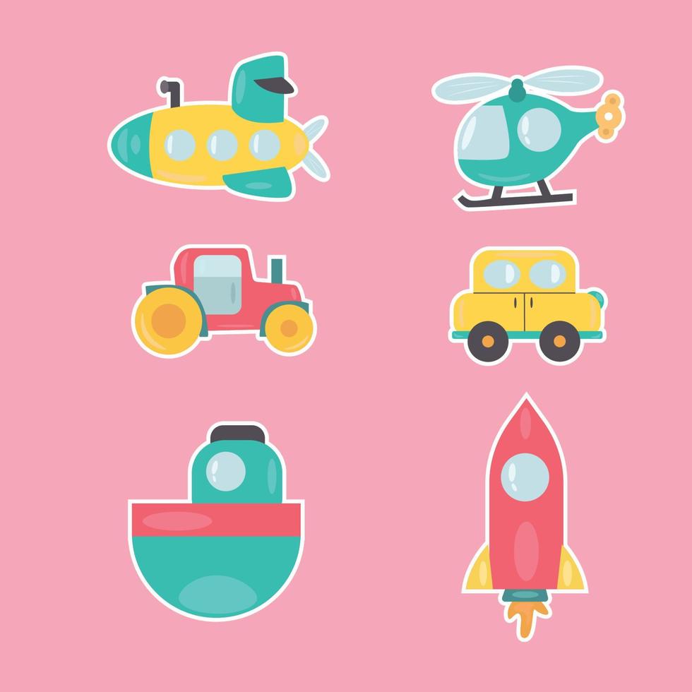 conjunto de adesivos de transporte infantil. um conjunto de transporte. um conjunto de transporte infantil. foguete, carro, barco, trator e helicóptero. vetor