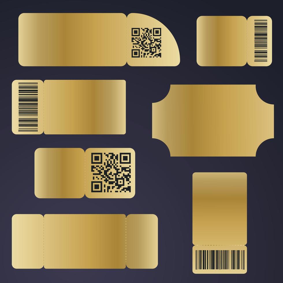 um conjunto de bilhetes em branco. layout de bilhete dourado para concerto, assentos, sorteio, filme e cupom com código de barras e código qr. vetor