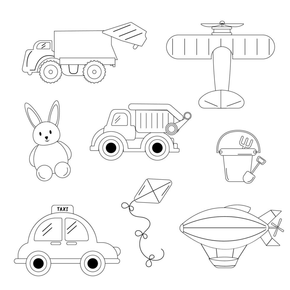 uma coleção de esboços de brinquedos infantis. carro, avião, lebre, pipas, balde com espátula vetor