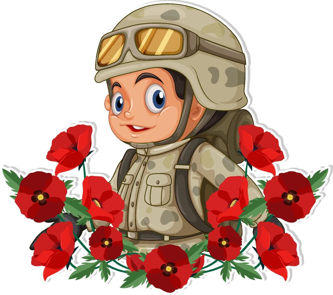 soldado com personagem de desenho animado de papoula vetor