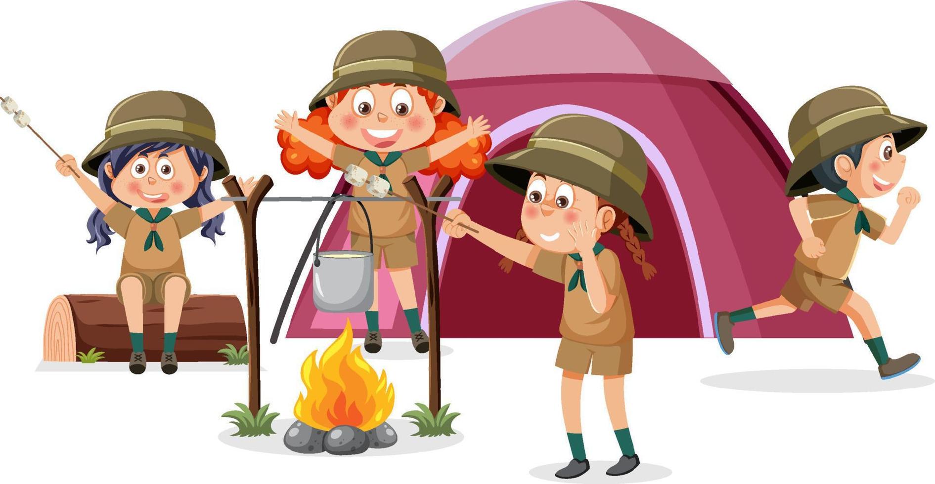 crianças felizes acampar ao ar livre vetor