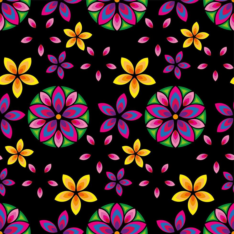 fundo sem emenda de mandalas de flores coloridas. padrão oriental, elementos decorativos, ilustração vetorial. islão, árabe, indiano, turco, paquistão, chinês, motivos otomanos para capa, tecido, têxtil vetor