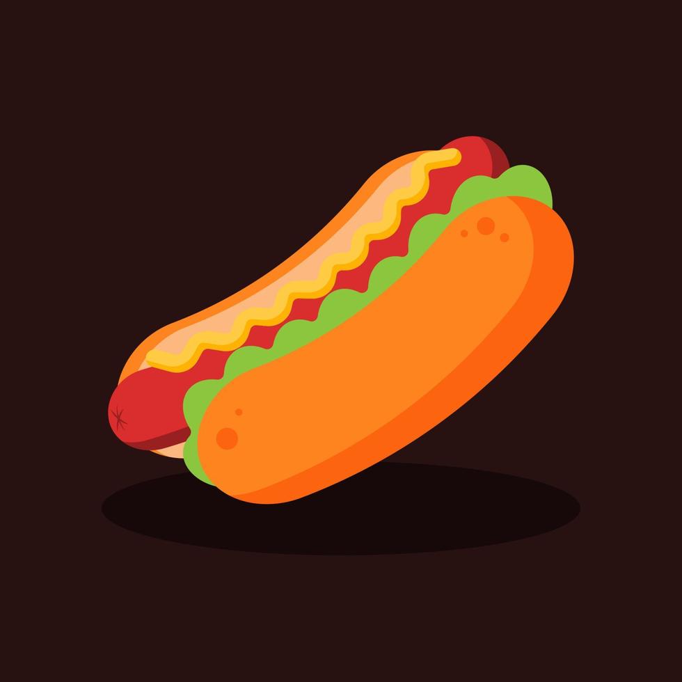 cachorro-quente com linguiça, molho de mostarda, alface e pão. delicioso conceito de fast food. junk food ou menu insalubre. prato americano. ícone de refeição dos desenhos animados. ilustração de design gráfico de vetor plana isolada.