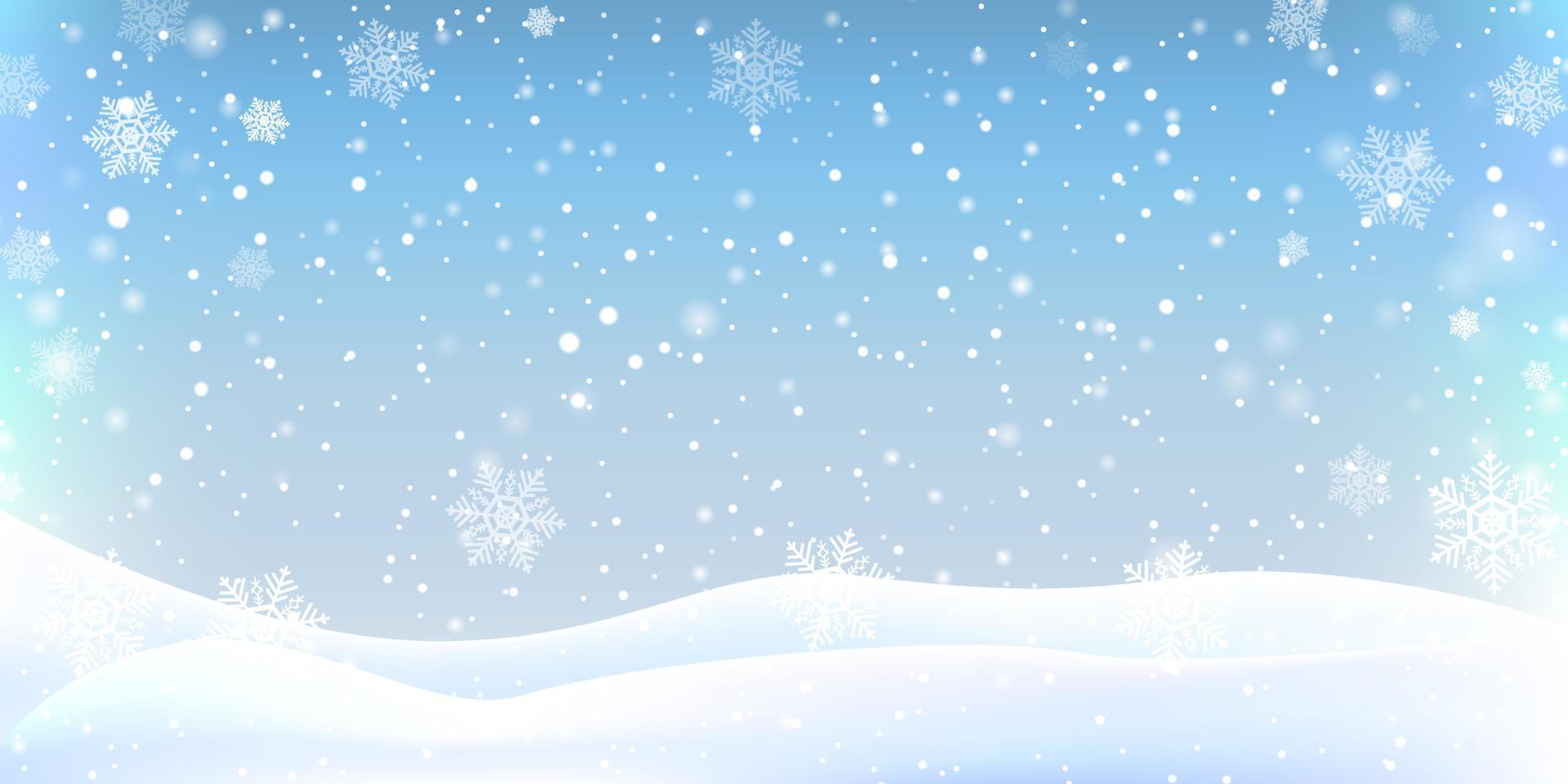 decoração de fundo de paisagem de natal de inverno com queda linda de neve brilhante, colinas nevadas vetor