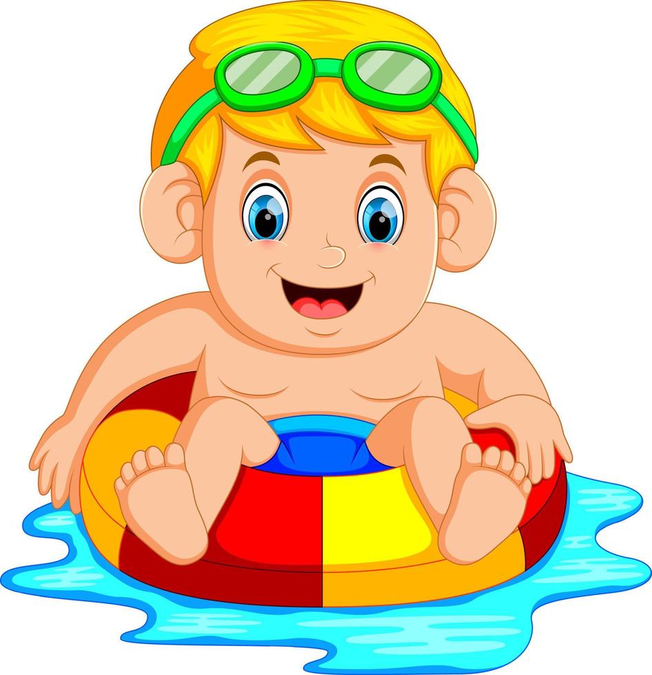 menino brincando com anel inflável colorido na piscina vetor