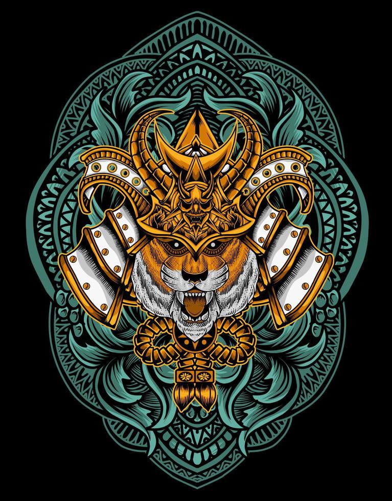 cabeça de samurai de tigre de ilustração com ornamento de gravura vetor