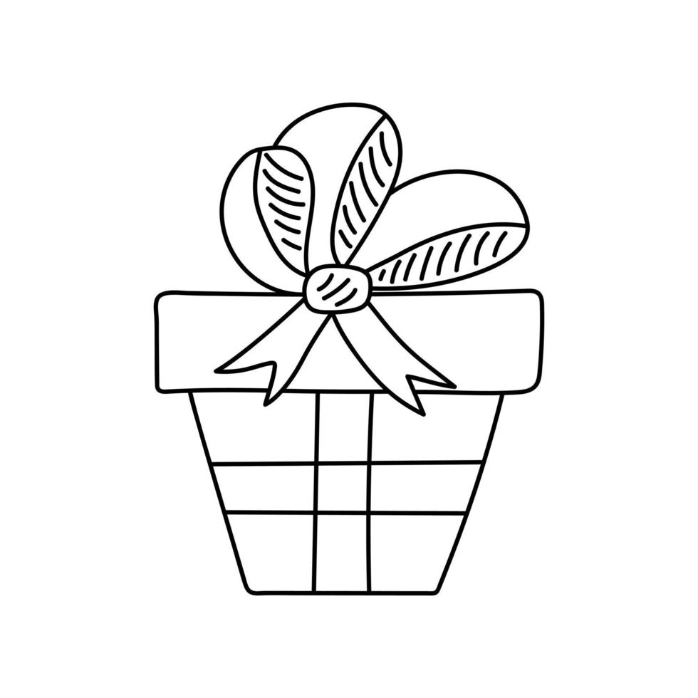 caixa de presente com fita e arco no estilo doodle. ilustração em vetor preto e branco para livro de colorir.