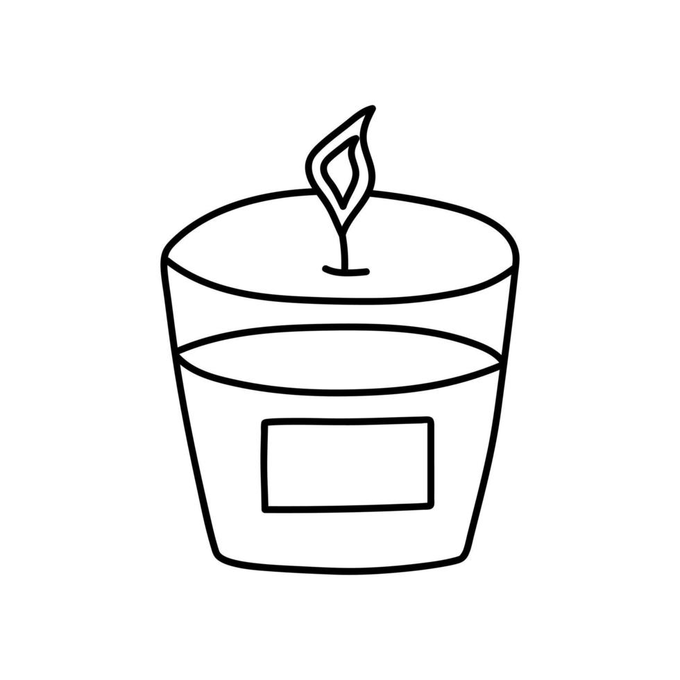 vela de aroma em um castiçal de vidro com rótulo em estilo doodle. aniversário, celebração, feriado, festa, hygge, conceito de aromaterapia. ilustração em vetor preto e branco para livro de colorir.