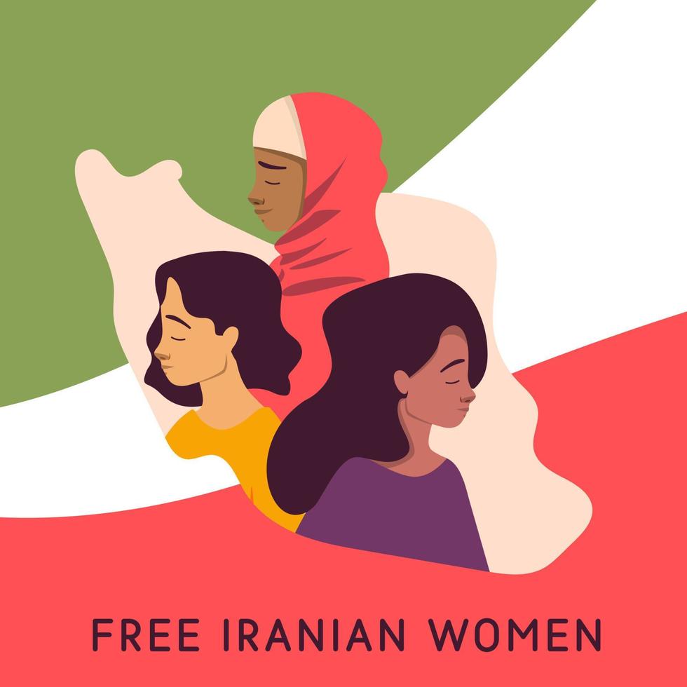 três mulheres iranianas tristes com hijab e cabelos longos com stand by text banner illustration vetor