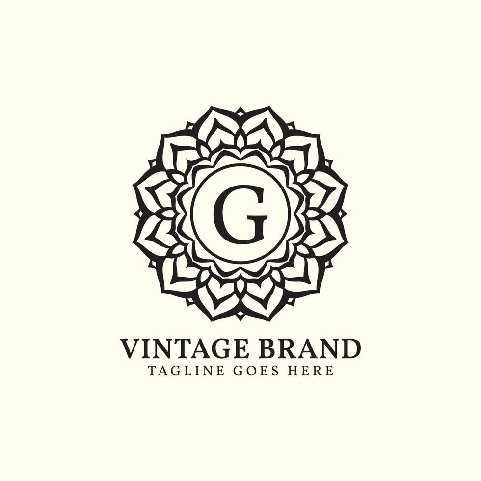 design de logotipo de vetor de letra g vintage de mandala luxuosa