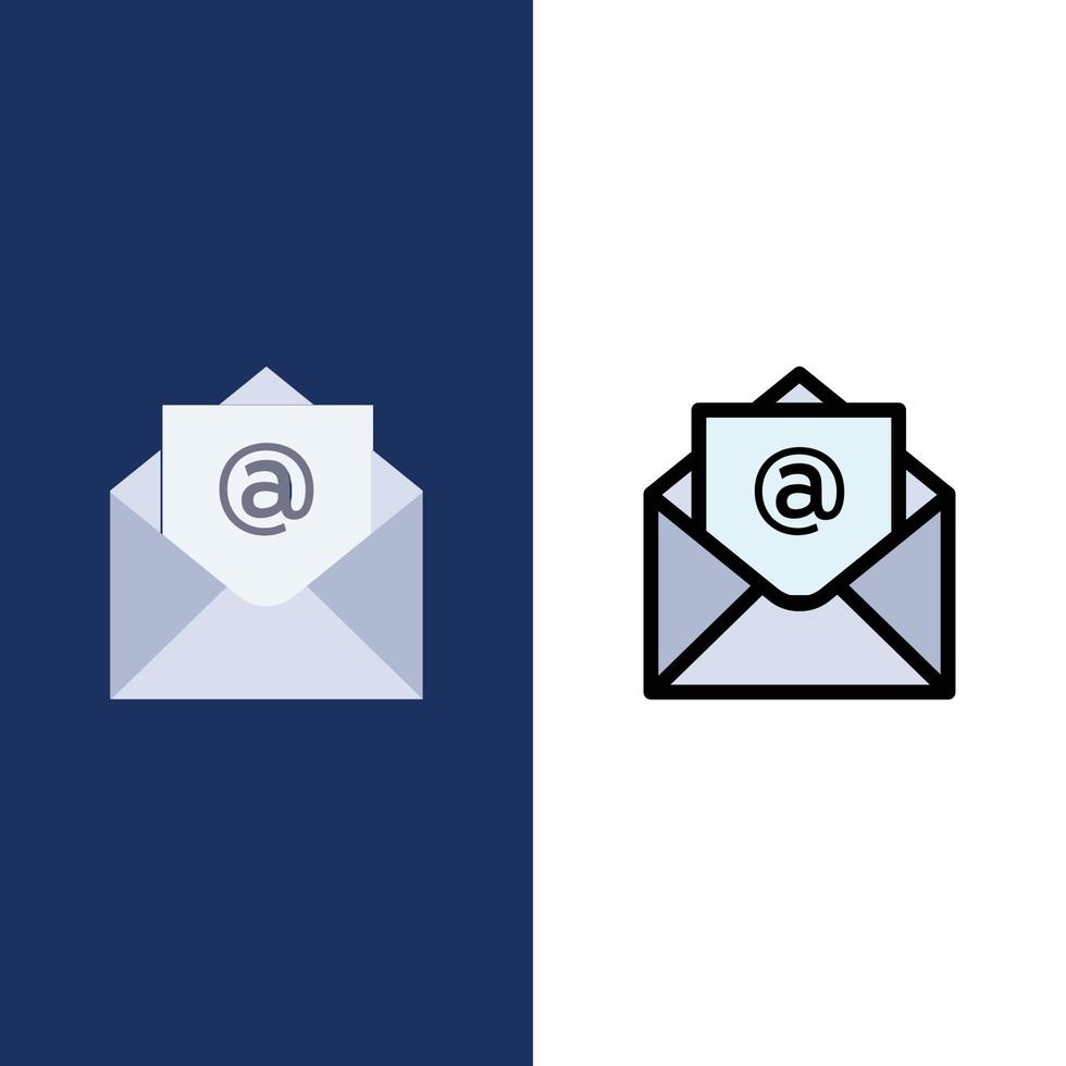 e-mail e-mail ícones abertos ícones planos e cheios de linha conjunto de fundo azul vector