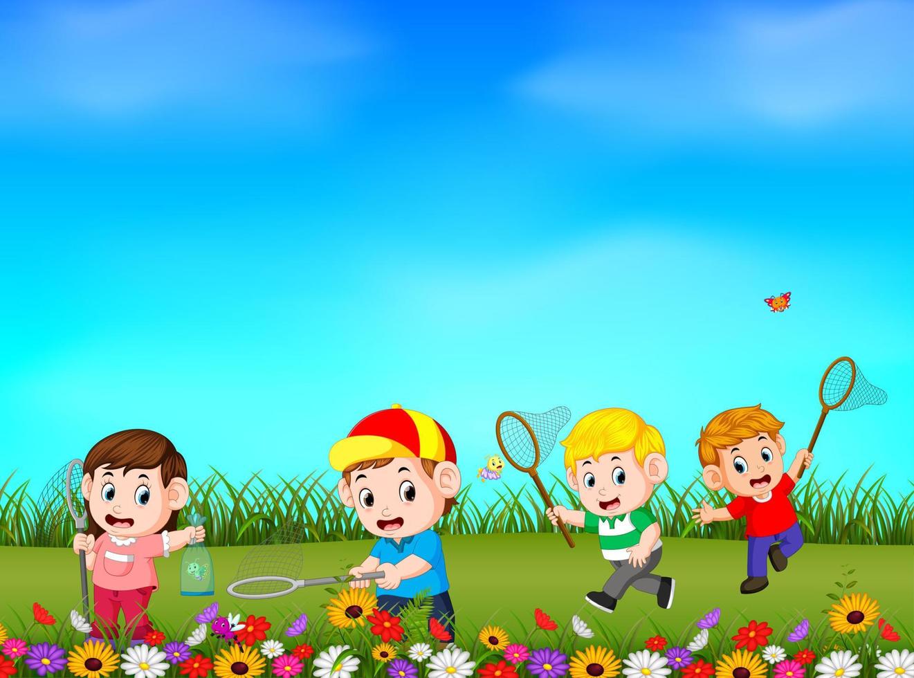 crianças dos desenhos animados pegando borboleta no jardim vetor