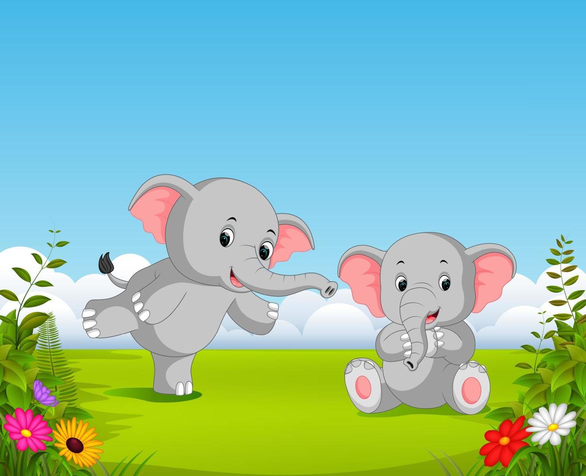 a vista natural com dois elefante cinza bebê brincando juntos no jardim vetor