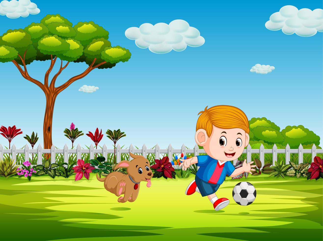 o menino jogando futebol no quintal com seu cachorro vetor