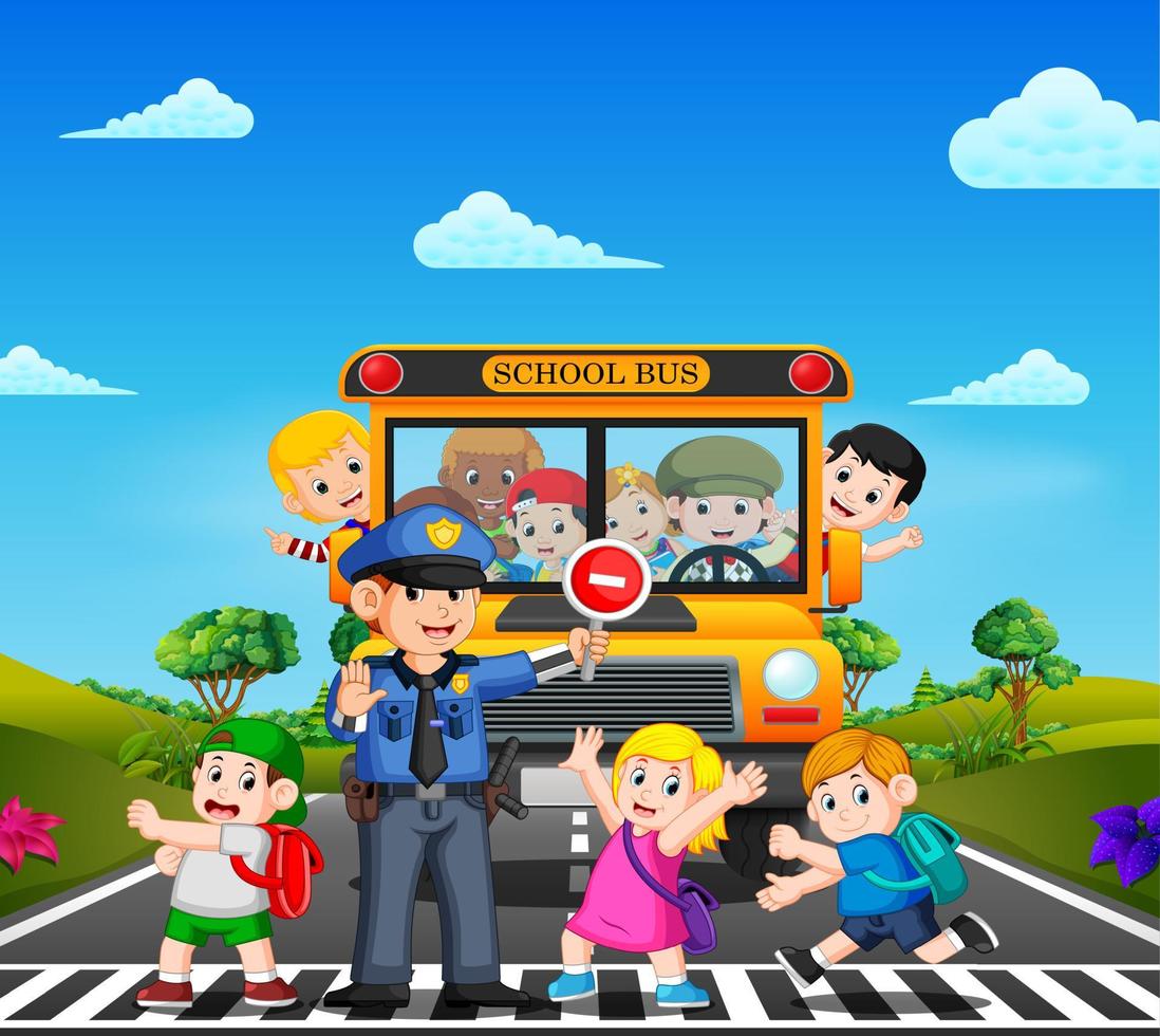 as crianças atravessam a rua enquanto a polícia para o ônibus escolar e as crianças acenando vetor