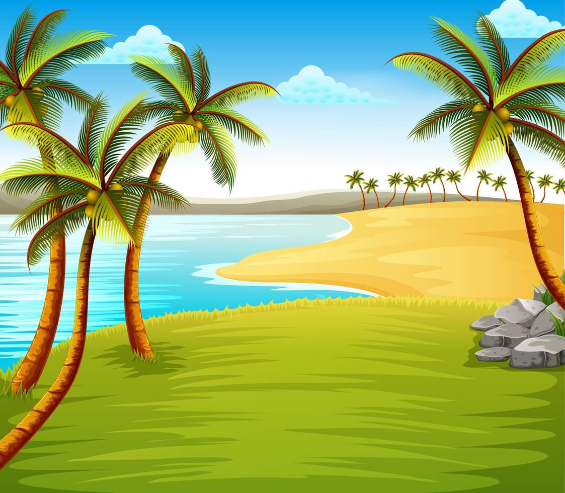 a bela vista da praia tropical com alguns coqueiros na costa perto do campo verde vetor